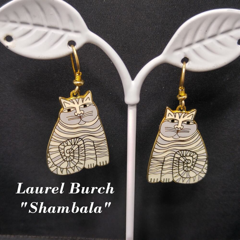 Laurel Burch Shambala Cat Earrings, White Gray Enamel, Gold Plated, 1980s